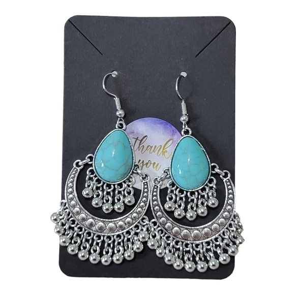 Turquoise Resin And Silver Tone Drop Boho Earrings - Picture 2 of 3
